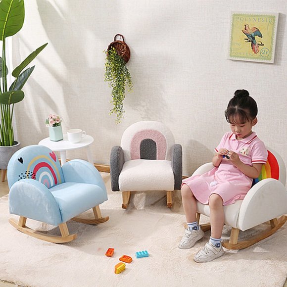 NEW Solid Wooden Rainbow Rocker by Style and Function.  White / Pink / Gray - Picture 2 of 16